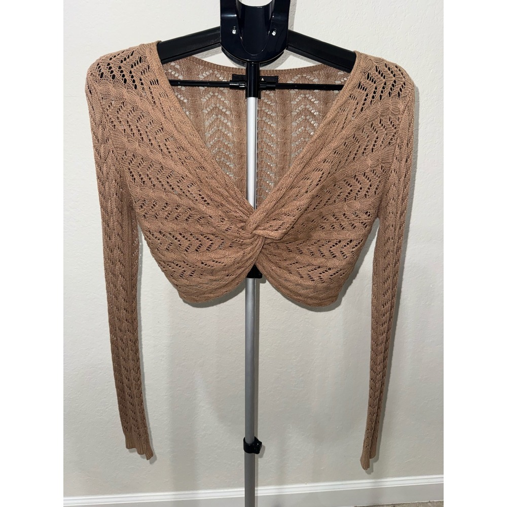 Hera‎ Collection Tan Pointelle Knit Twist Front Crop Top Long Sleeve S Boho Y2K